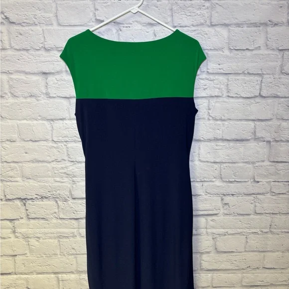 Lauren Ralph Lauren Dress Size 14 Navy Green Midi Ruched Sheath Classic Luxury - Picture 3 of 11